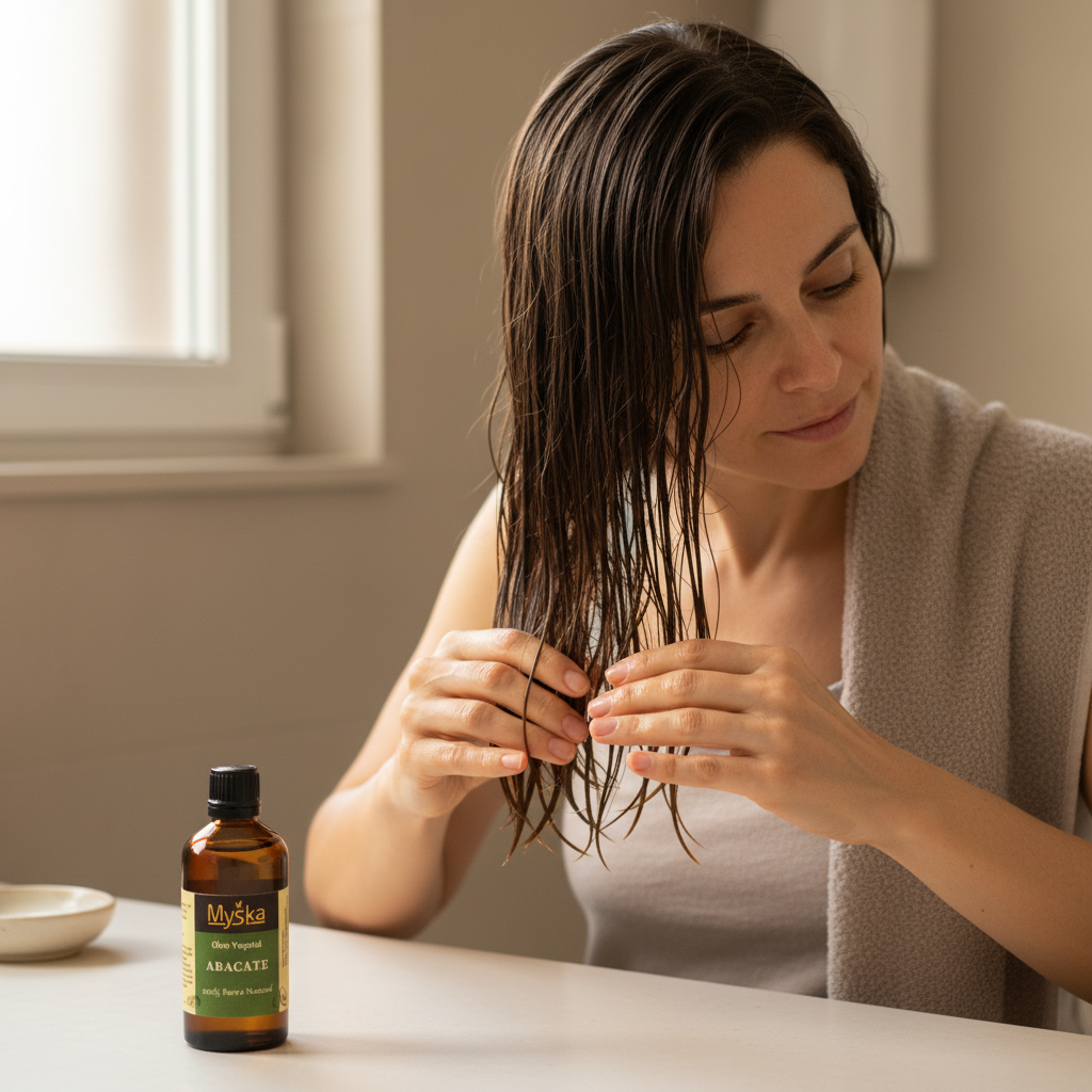 Ćleo Vegetal de Abacate MyÅka - Aplicação capilar em ação