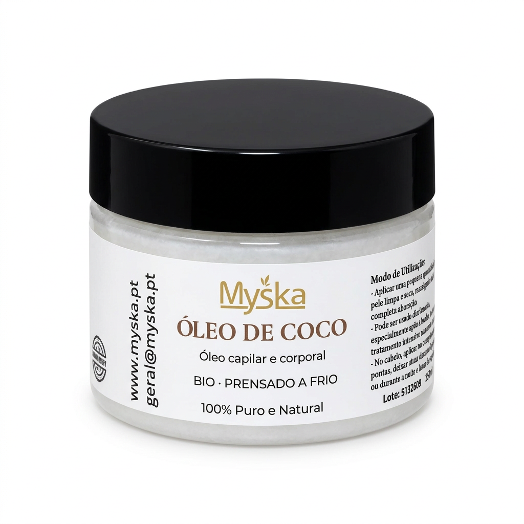 Pote de Óleo de Coco Myska com tampa preta sobre fundo branco