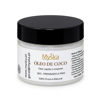 Pote de Óleo de Coco Myska com tampa preta sobre fundo branco